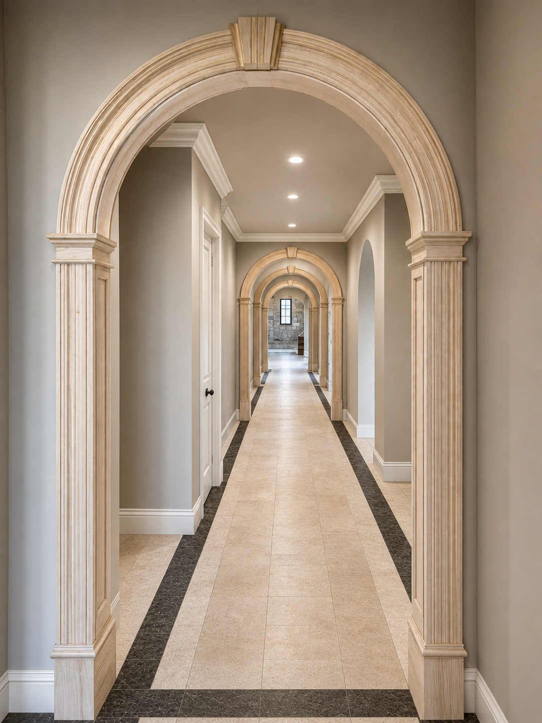 A corridor with multiple beige arches with decorative wood details, beige tile flooring with black border, with recessed ceiling lights and a window at the end.