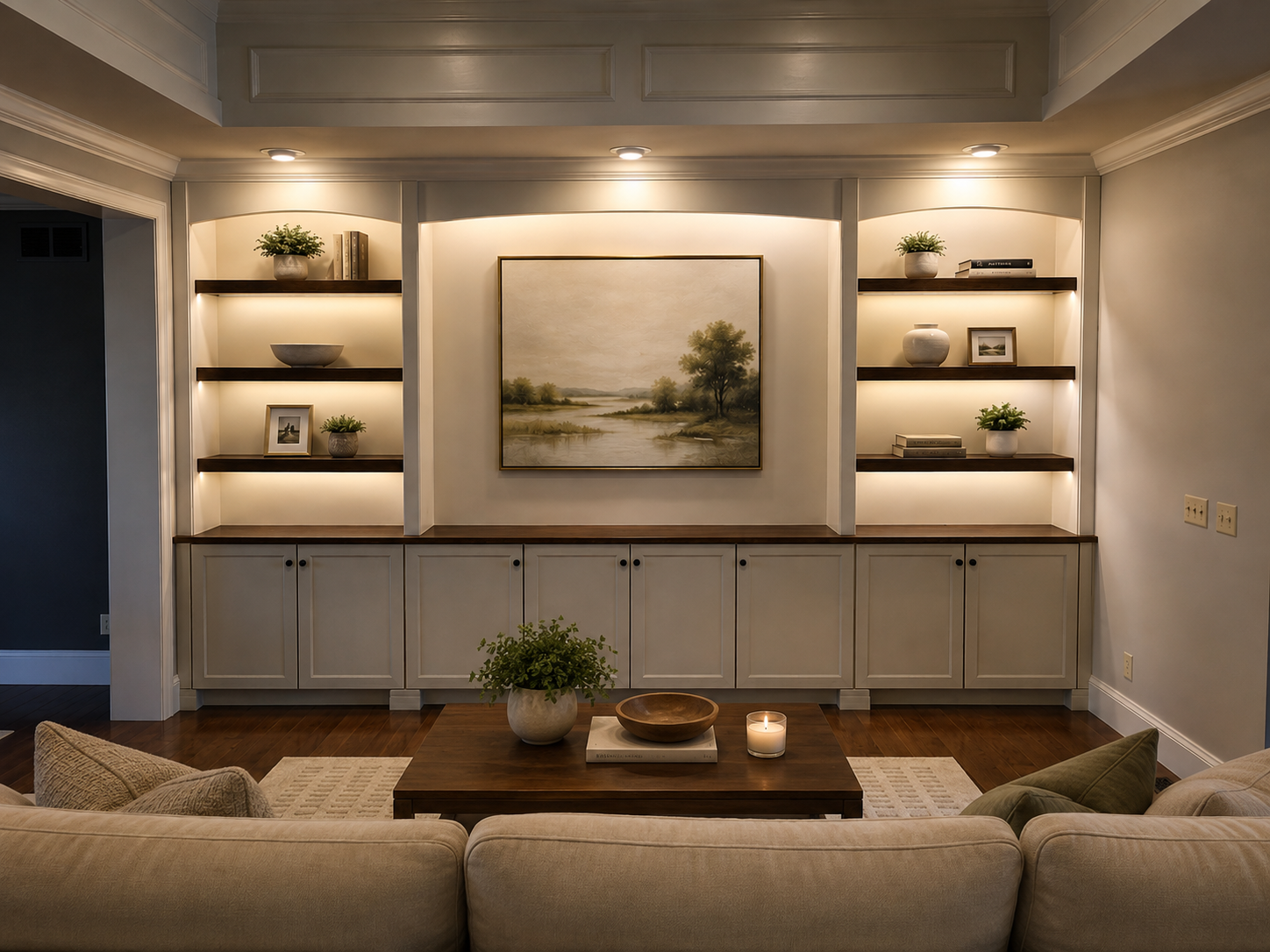 Living room with beige sofa, wooden coffee table, decorative green plant, candle, built-in wall unit with shelves, artwork, books, and vases, dim lighting.