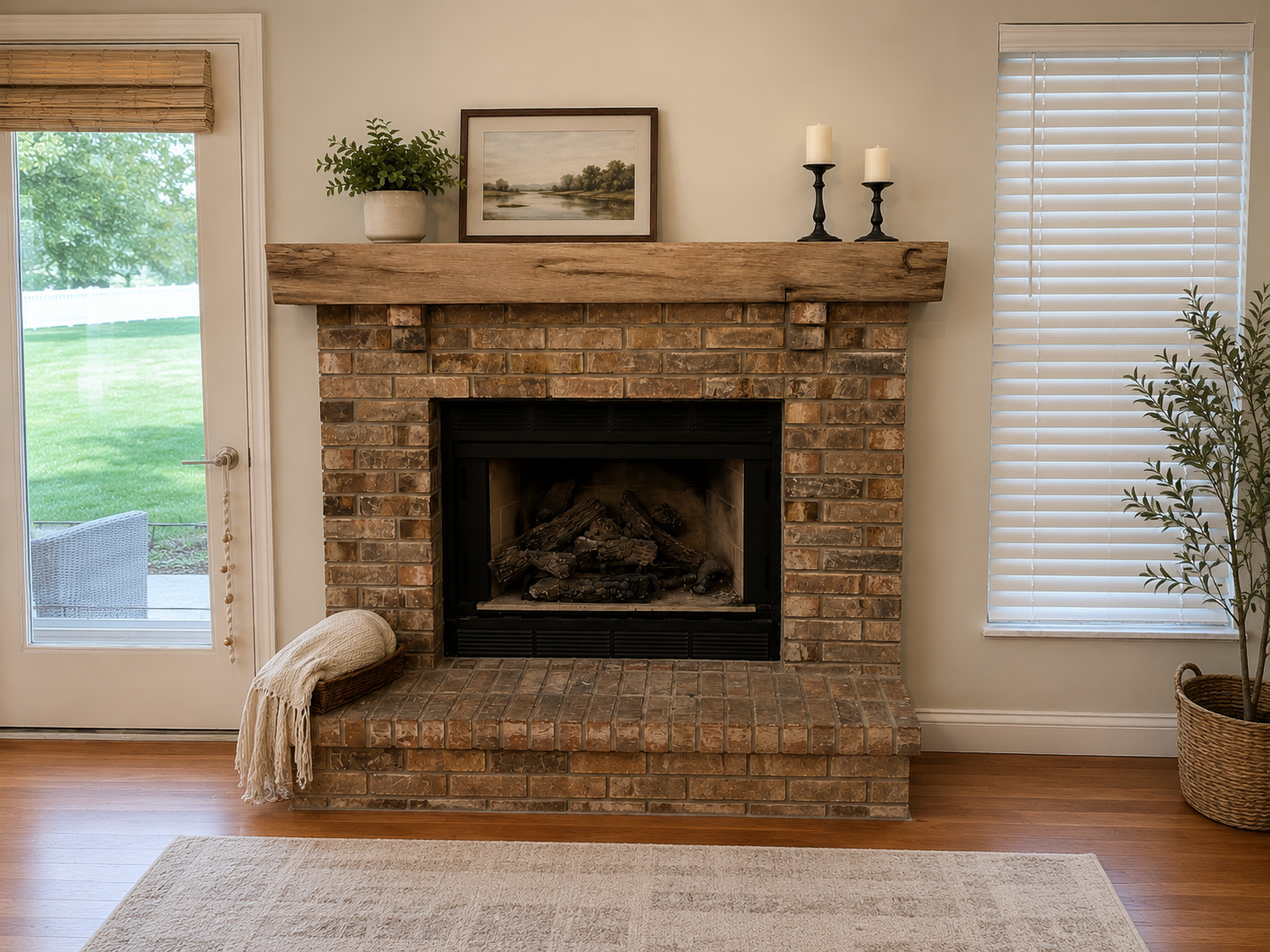 Living room with brick fireplace, wooden mantel, potted plant, framed landscape painting, candles, window with blinds, wicker basket with plant, and glass door overlooking greenery.