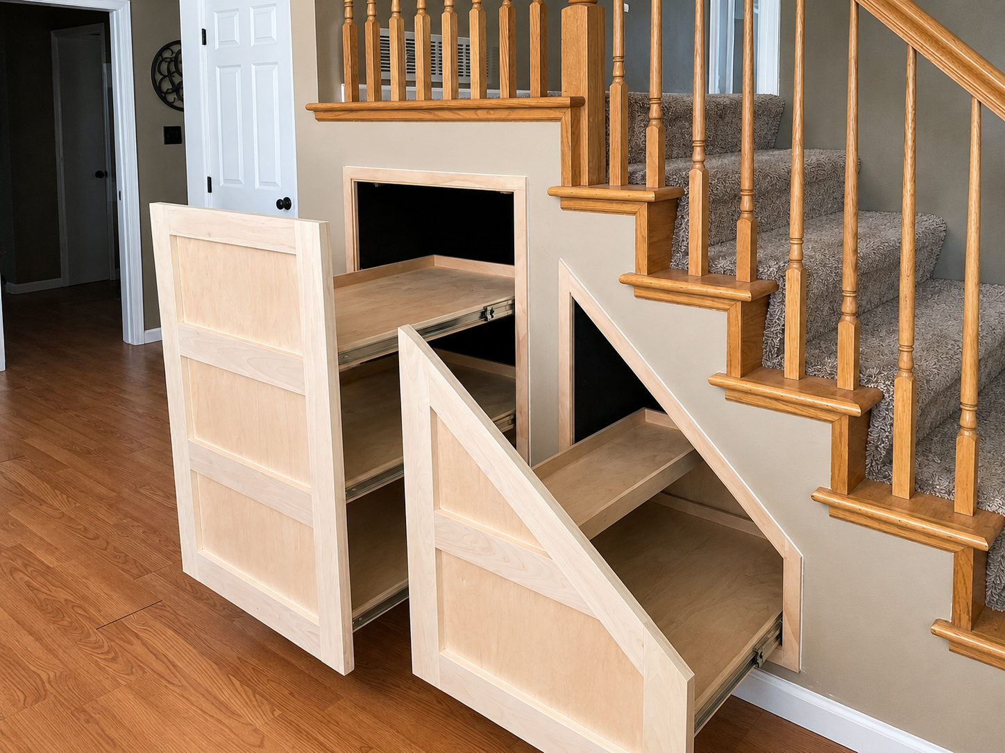 A staircase with wooden railings and carpeted steps, with built-in storage drawers underneath, in a home interior.