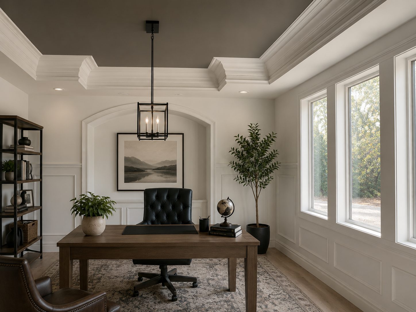 Home office with wooden desk, black leather office chair, potted plants, large windows, framed landscape picture, bookshelf, modern light fixture.