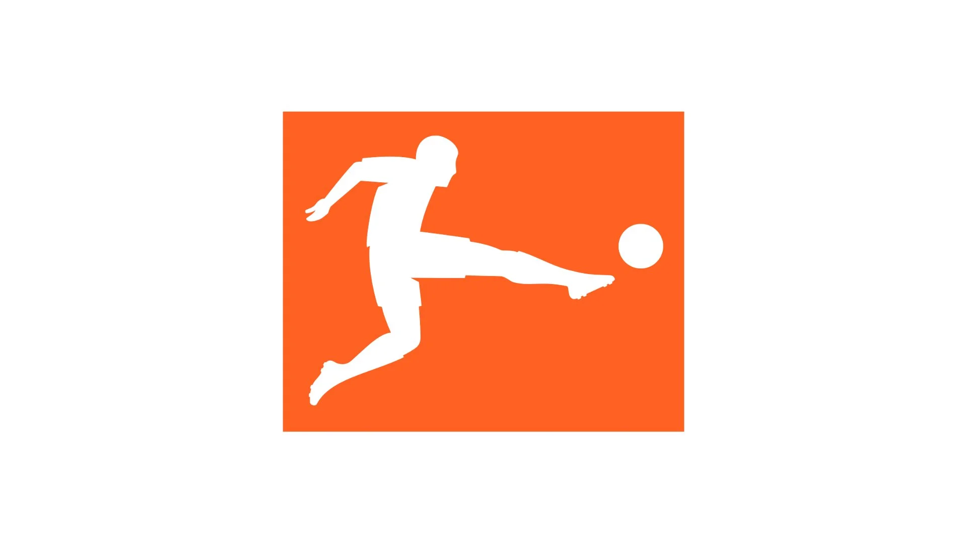 Symbol eines Fußballspielers, der einen Ball kickt, auf orangem Hintergrund. Bundesliga Logo