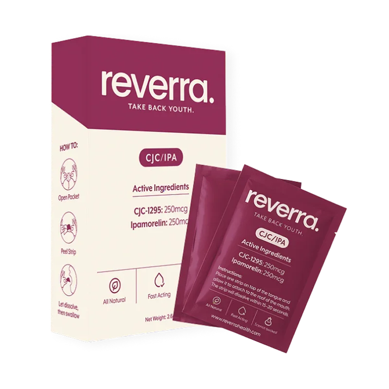 Reverra youth renewal supplement packet and box with ingredients CJC-1295 and Ipamorelin, designed for anti-aging, showing instructions for use.