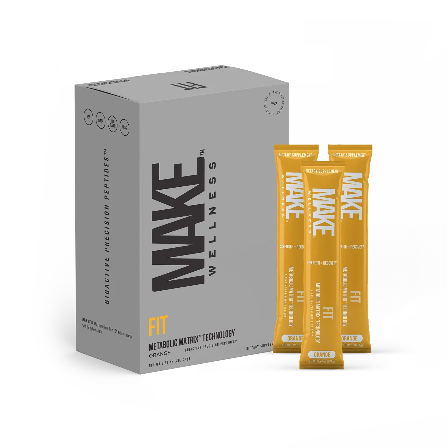 A box and three orange packets of Wake Wellness Fit supplement, featuring Metabolic Matrix Technology, with text highlighting strength and recovery, in a clean, modern design.