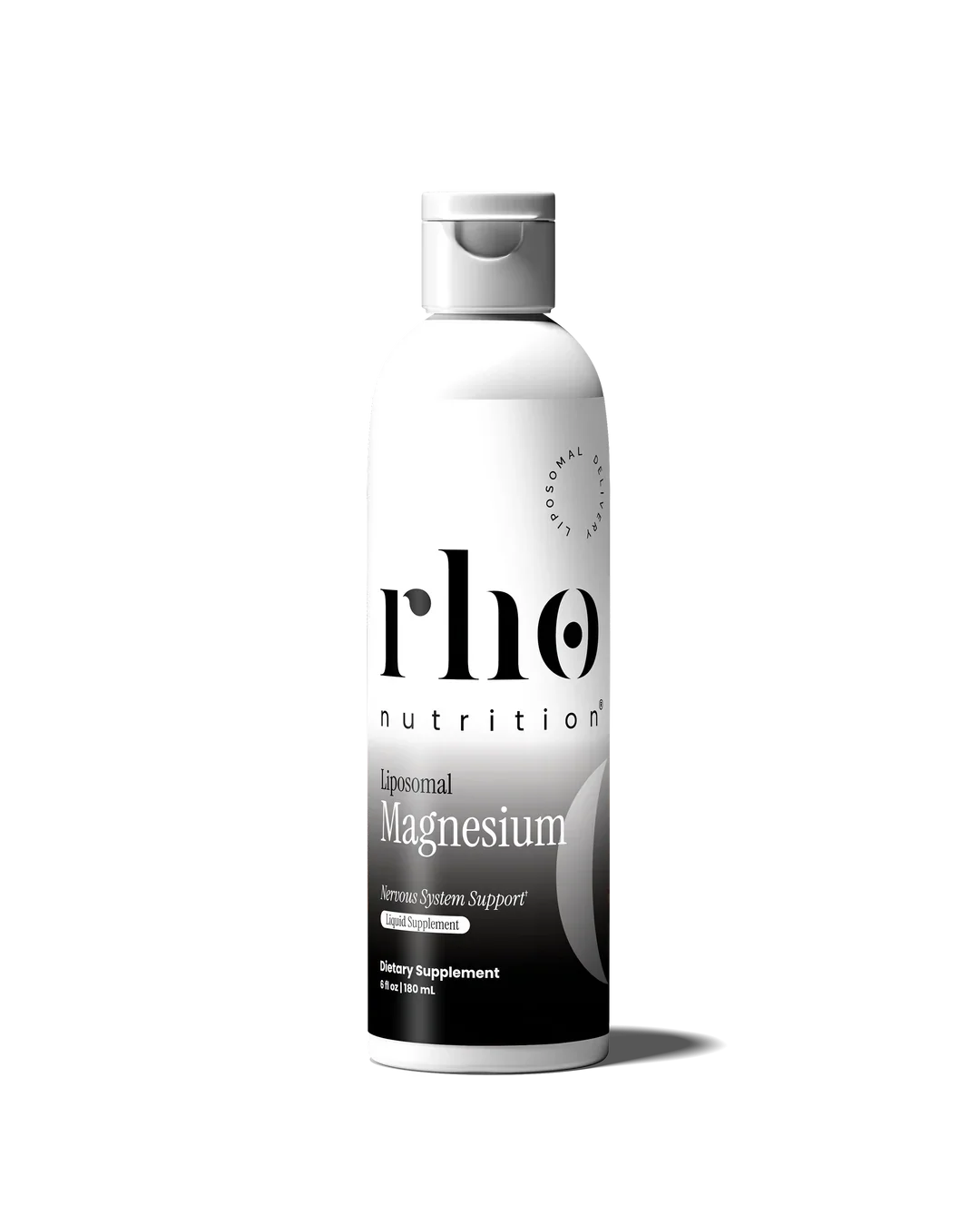 A white and black bottle of rhlo Nutrition Liposomal Magnesium dietary supplement with a silver cap.