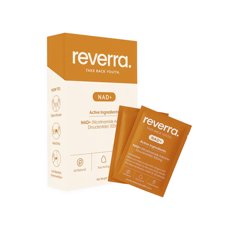 Reverra NAD+ supplement packaging with box and sachets in orange and white colors, promoting anti-aging benefits.