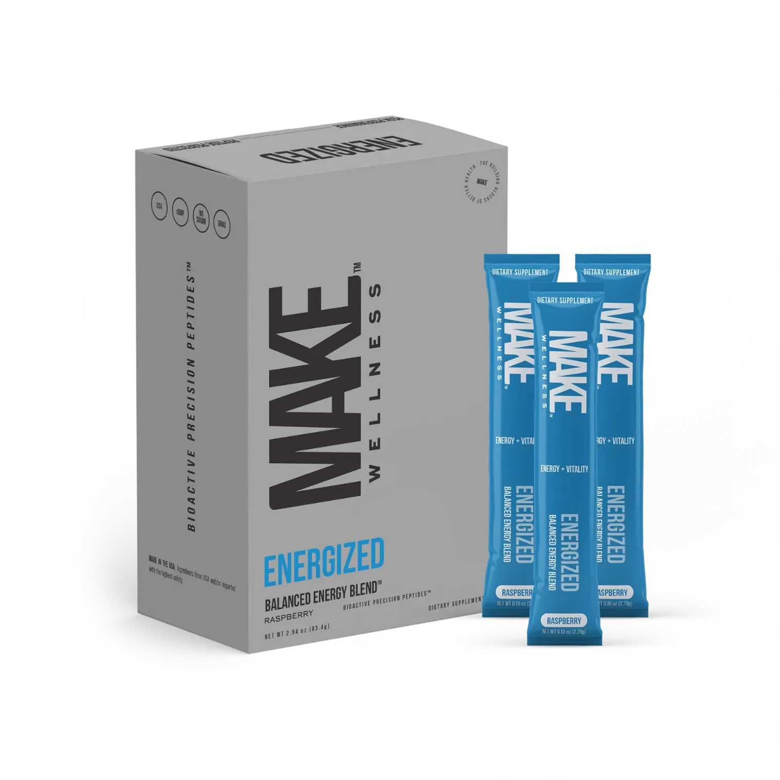 Box of Wake Wellness Energized balanced energy blend dietary supplement in raspberry flavor, with two individual packets standing in front of the box.