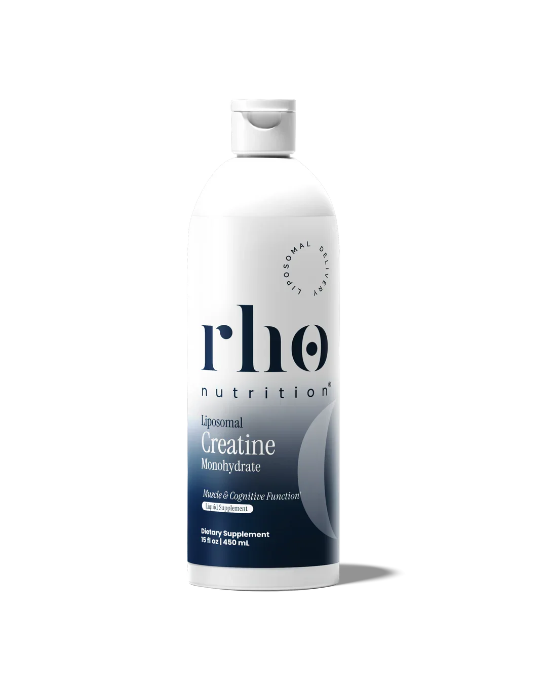 A white bottle of Rho Nutrition Liposomal Creatine Monohydrate dietary supplement with a blue label and white cap.