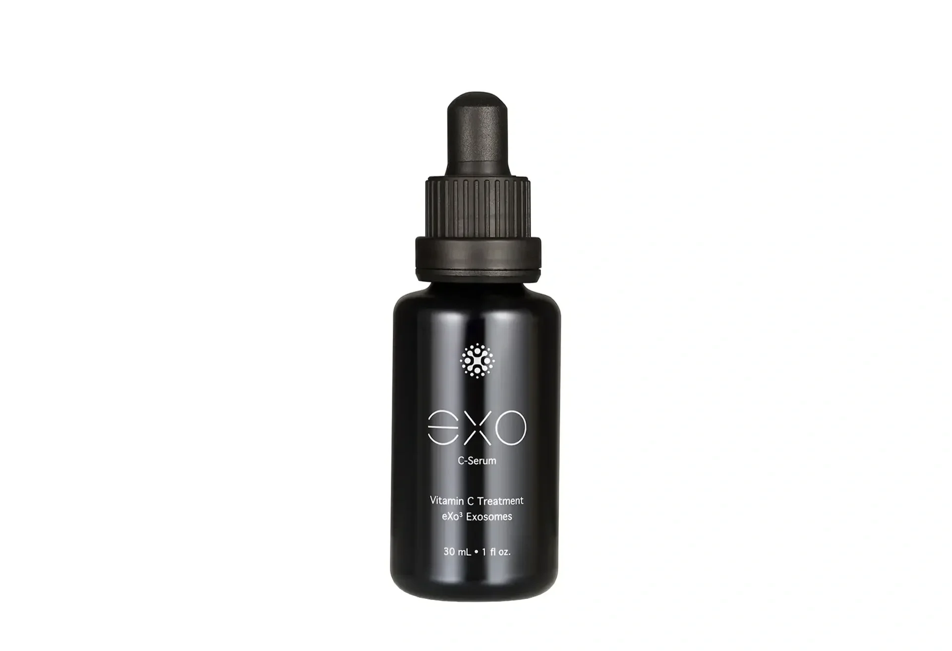 A black bottle of EXO Vitamin C Serum with a dropper cap against a white background.