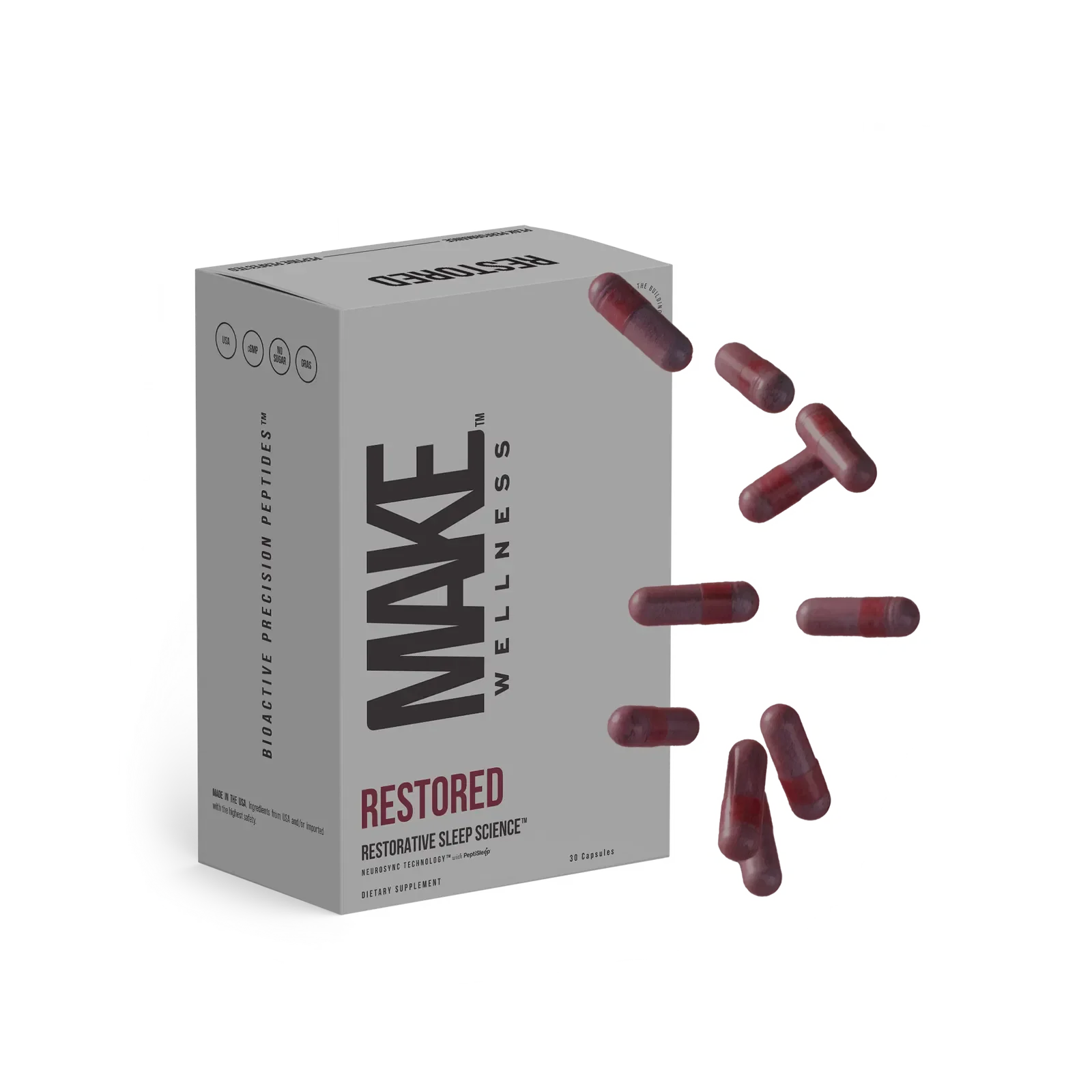 A box labeled 'WNWELL' with capsules spilling out, branded as 'Restored' dietary supplement for sleep.