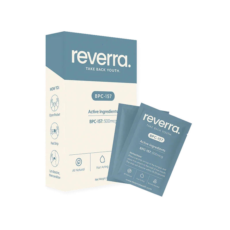 Reverra skincare product box and sachets with instructions on how to use, emphasizing open packet, peel strip, and dissolve for youthful skin.