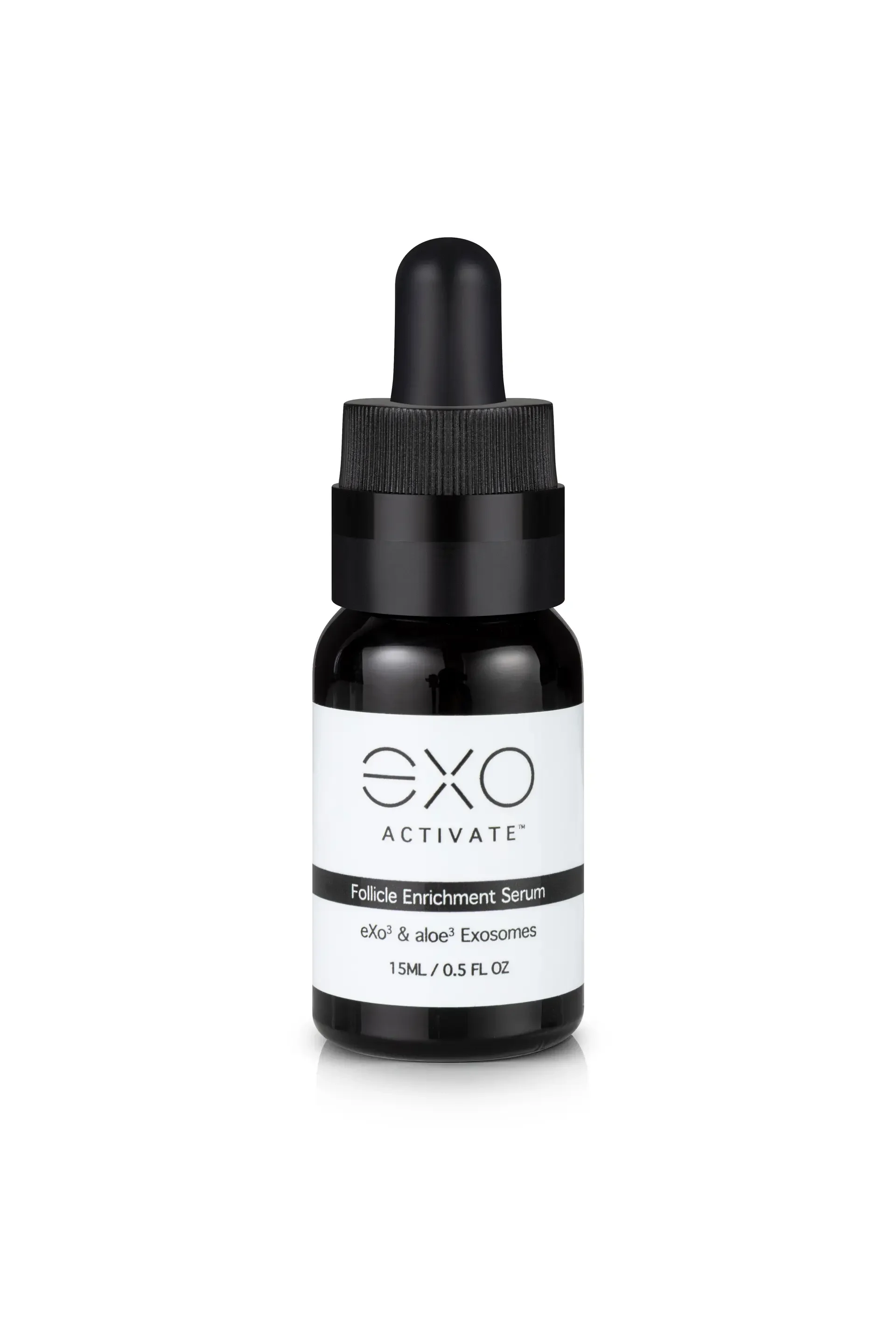 A small black bottle labeled 'EXO Activate Follicle Enrichment Serum' with a dropper cap, indicating it contains a serum product.