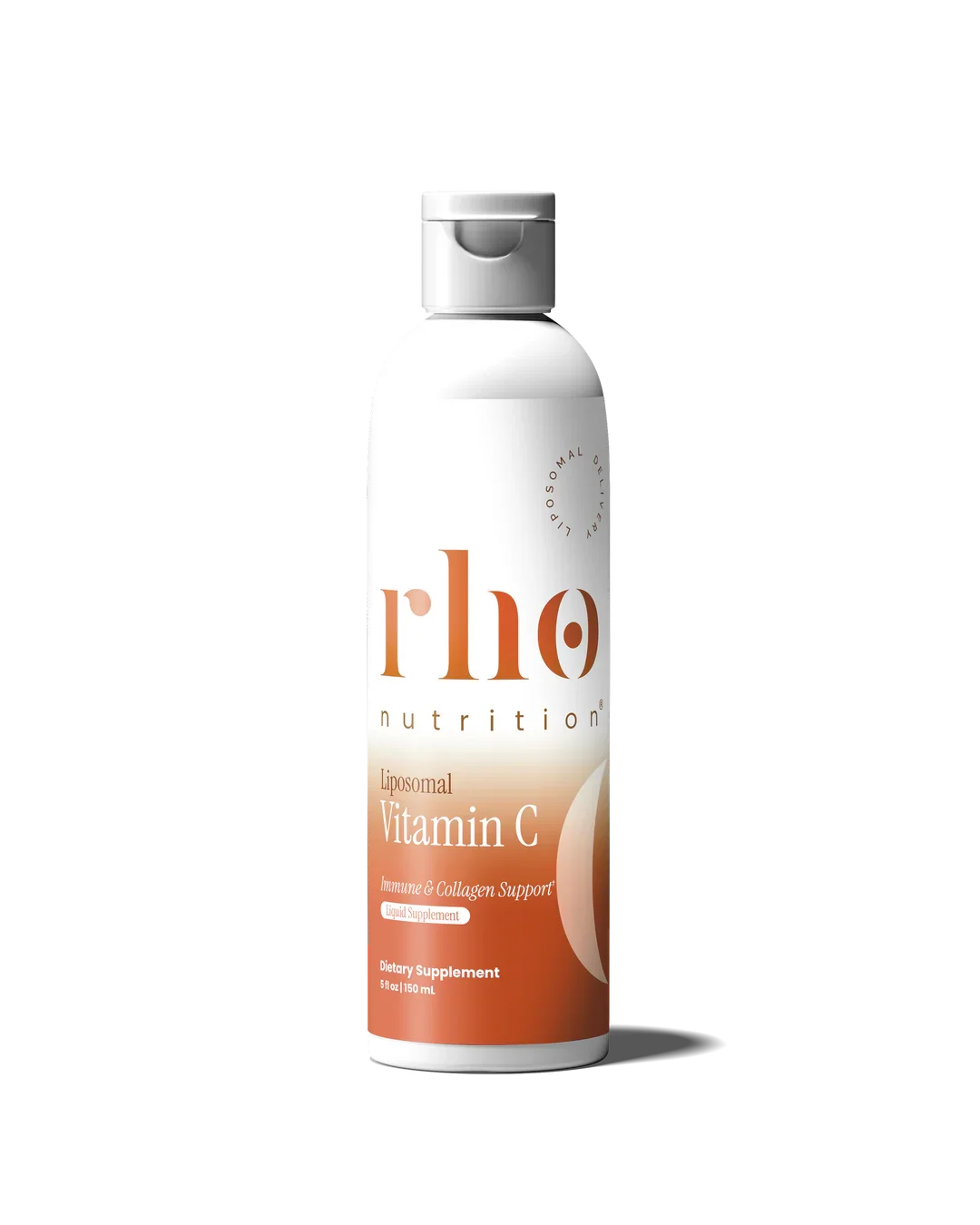 A white bottle of Rh0 Nutrition Liposomal Vitamin C supplement with a metallic cap, labeled for immune and collagen support, 5 fluid ounces.