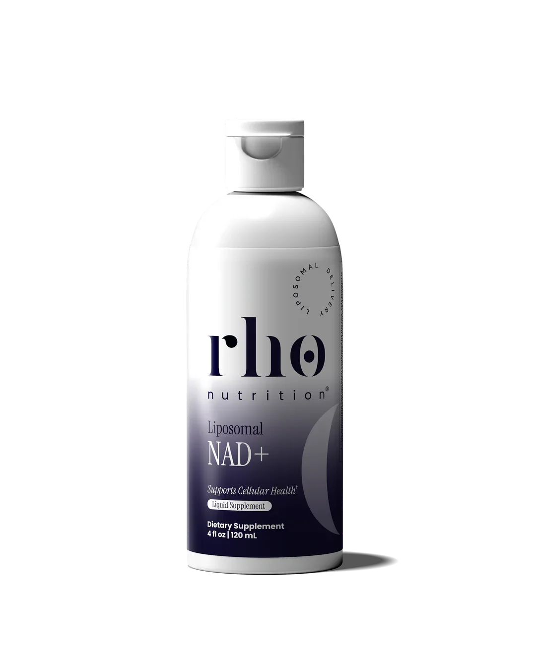 A white and purple bottle of Rhō Nutrition Liposomal NAD+ dietary supplement with a flip-top cap.