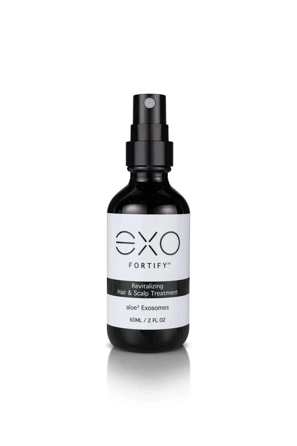 A black spray bottle labeled 'EXO Fortify Revitalizing Hair & Scalp Treatment' with aloe exosomes, 60ML/2 FL OZ.