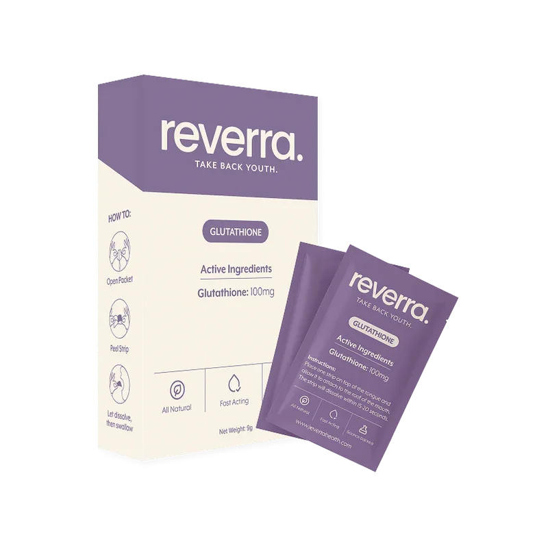 Reverra Glutathione supplement box and packet, purple packaging with white text, promoting anti-aging benefits and natural ingredients.
