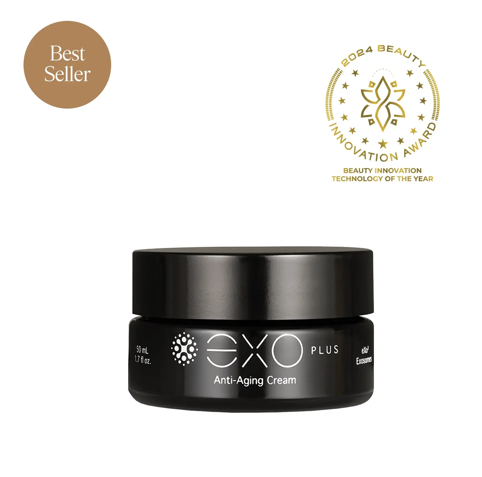 A black jar of EXO Plus Anti-Aging Cream with a black lid, against a white background, with award and badge icons indicating it is a best seller and winner of the 2024 Beauty Innovation Technology of the Year award.