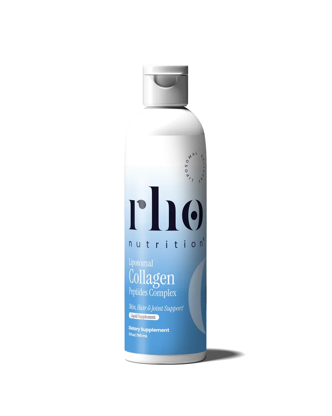 A bottle of RHo Nutrition Liposomal Collagen Peptides Complex dietary supplement.
