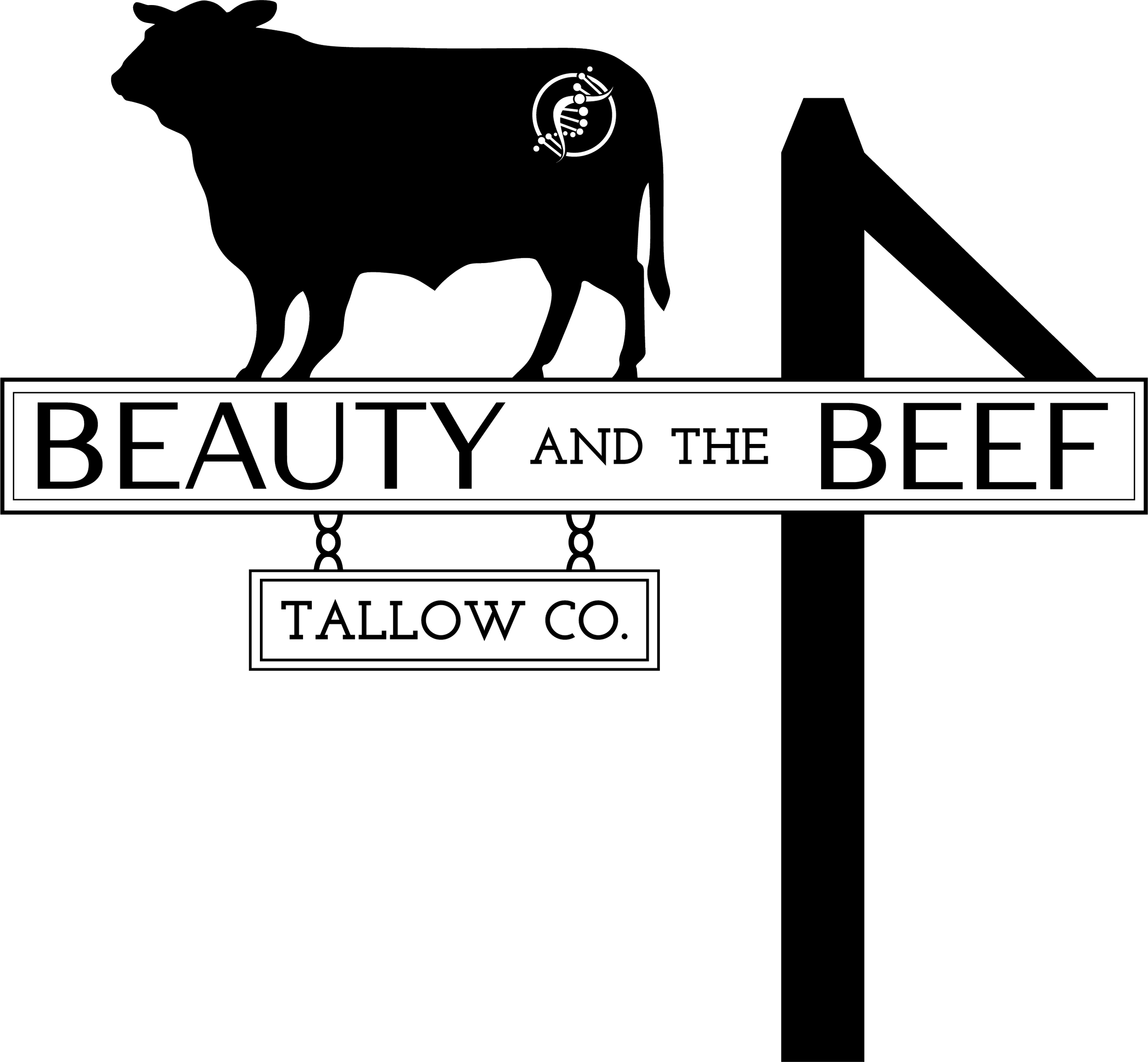 Black and white logo for the show 'Beauty and the Beef' with a cow silhouette, a DNA symbol, and the text 'Tallow Co.' hanging below.