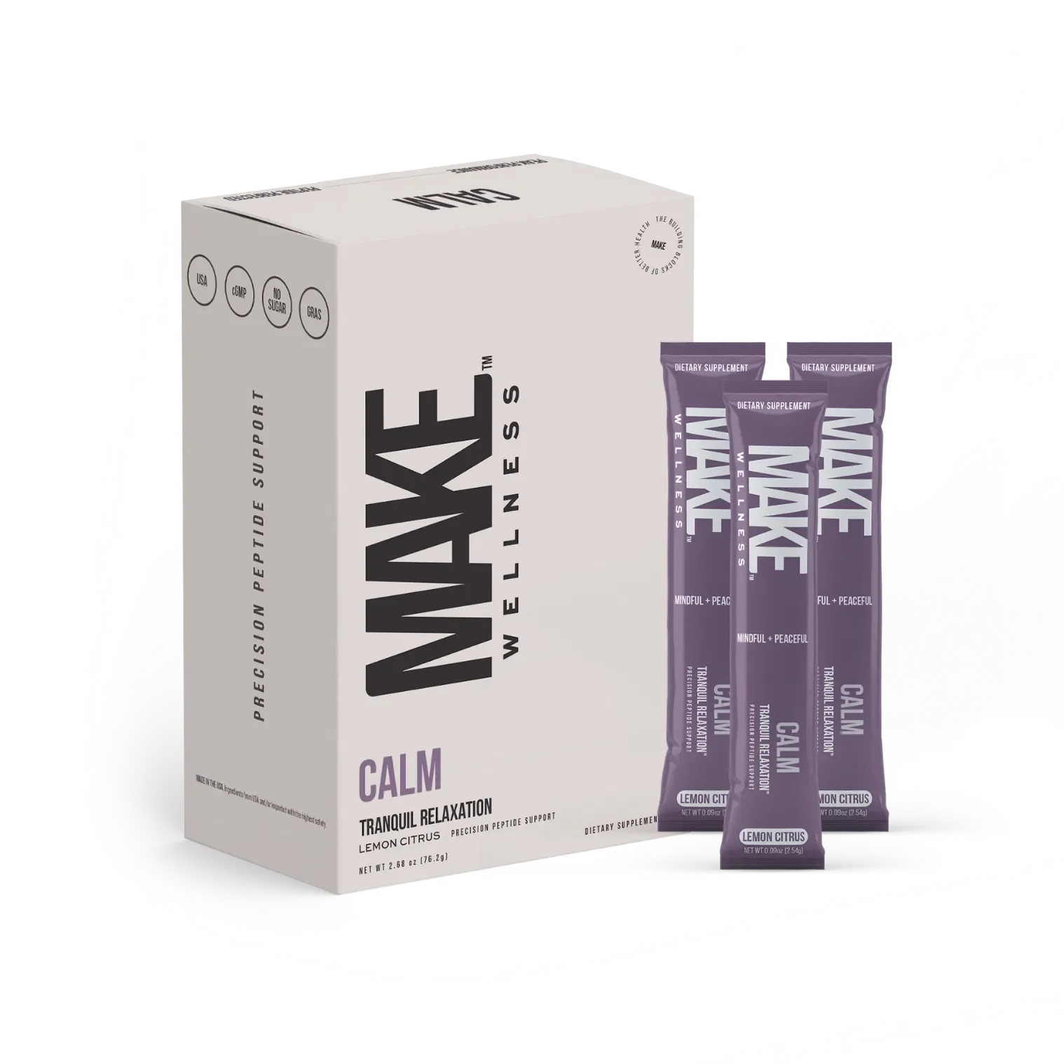 A box of Wake Wellness Calm dietary supplements with three lavender-colored sachets labeled Lemon Citrus in front.