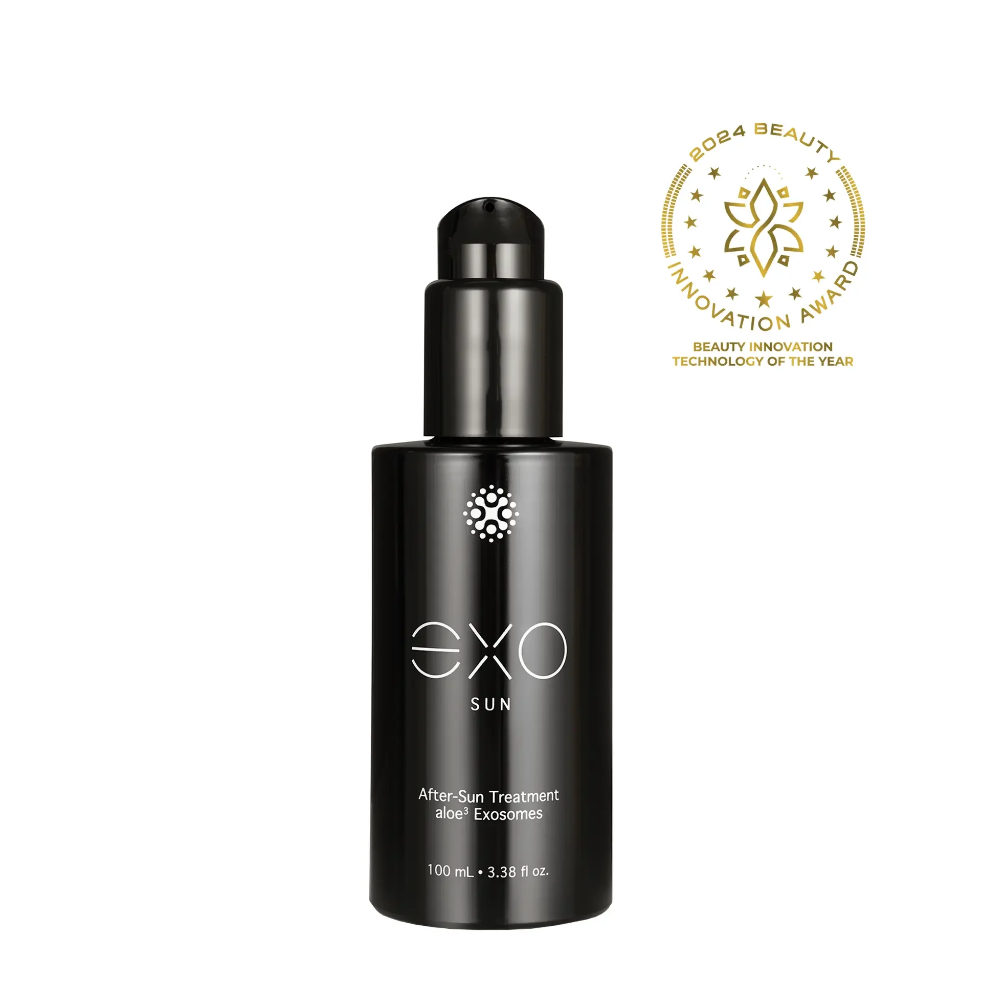 Black cosmetic bottle labeled EXO Sun, after-sun treatment with aloe, 100 ml, next to a gold beauty innovation award emblem.