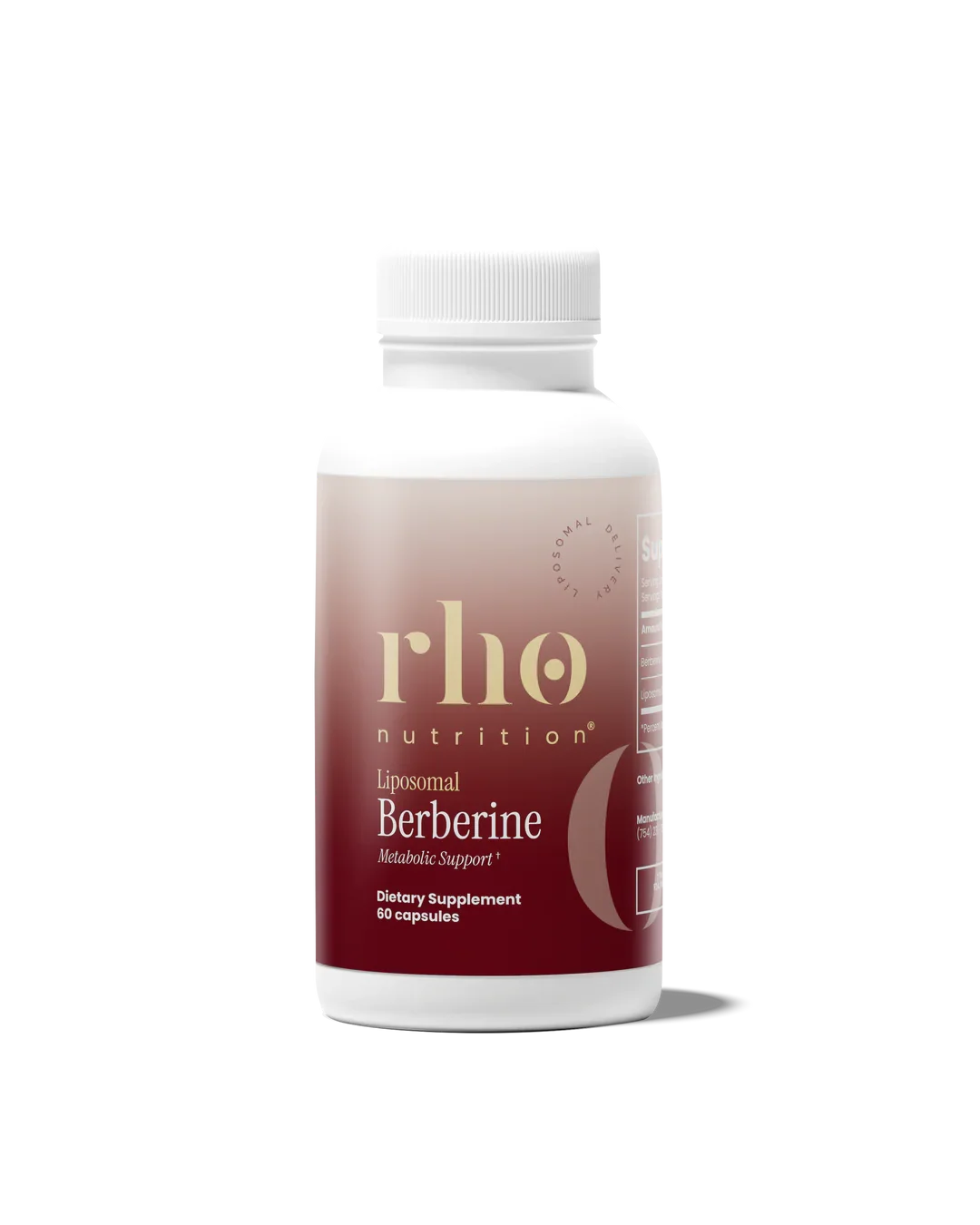 Bottle of Rho nutrition Liposomal Berberine dietary supplement with 60 capsules, featuring a white cap and a red and beige label.
