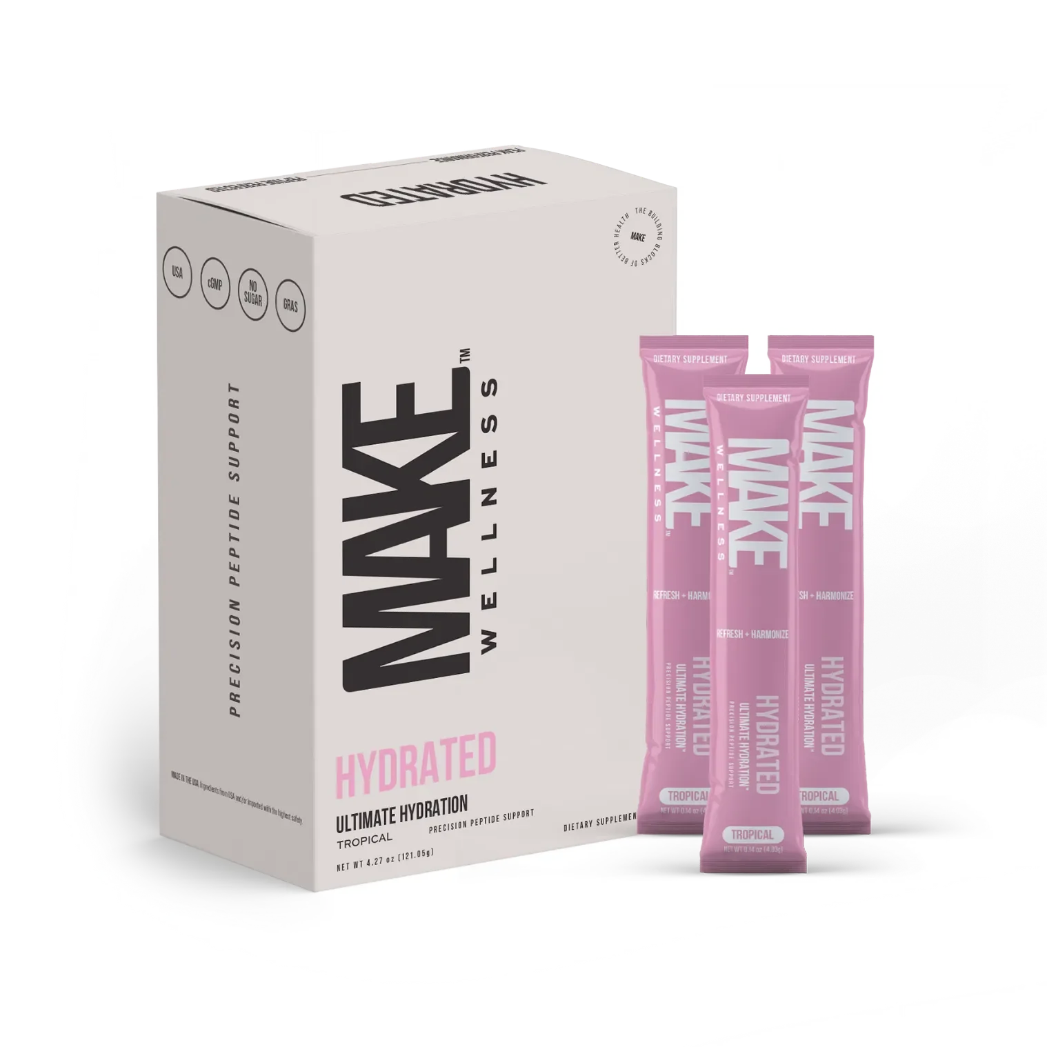 A white box labeled 'WAVE WELLNESS' with two pink packets labeled 'HYDRATED' and 'TROPICAL' in front of it.