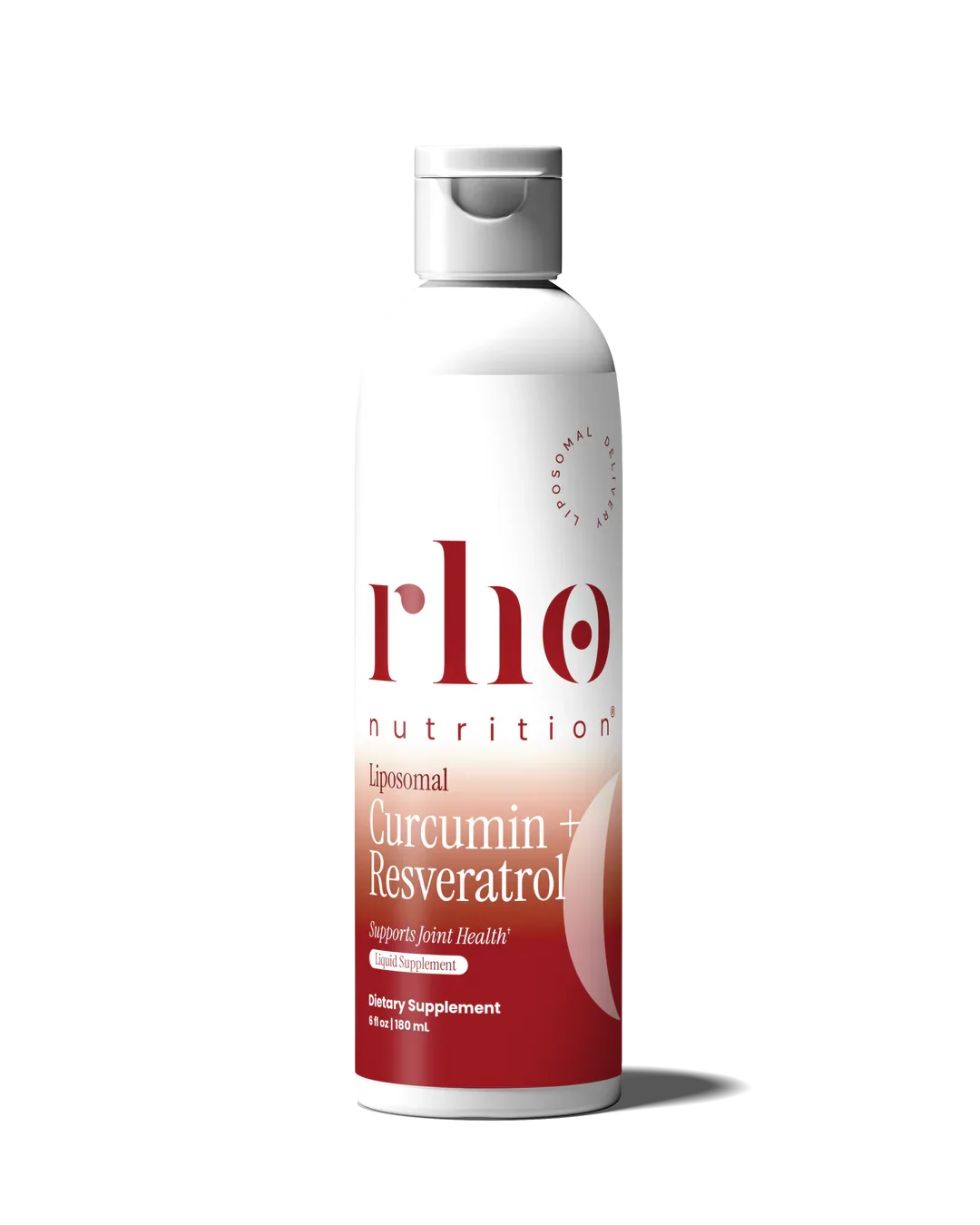 A bottle of Rh Nutrition Liposomal Curcumin and Resveratrol dietary supplement with a white and red label.