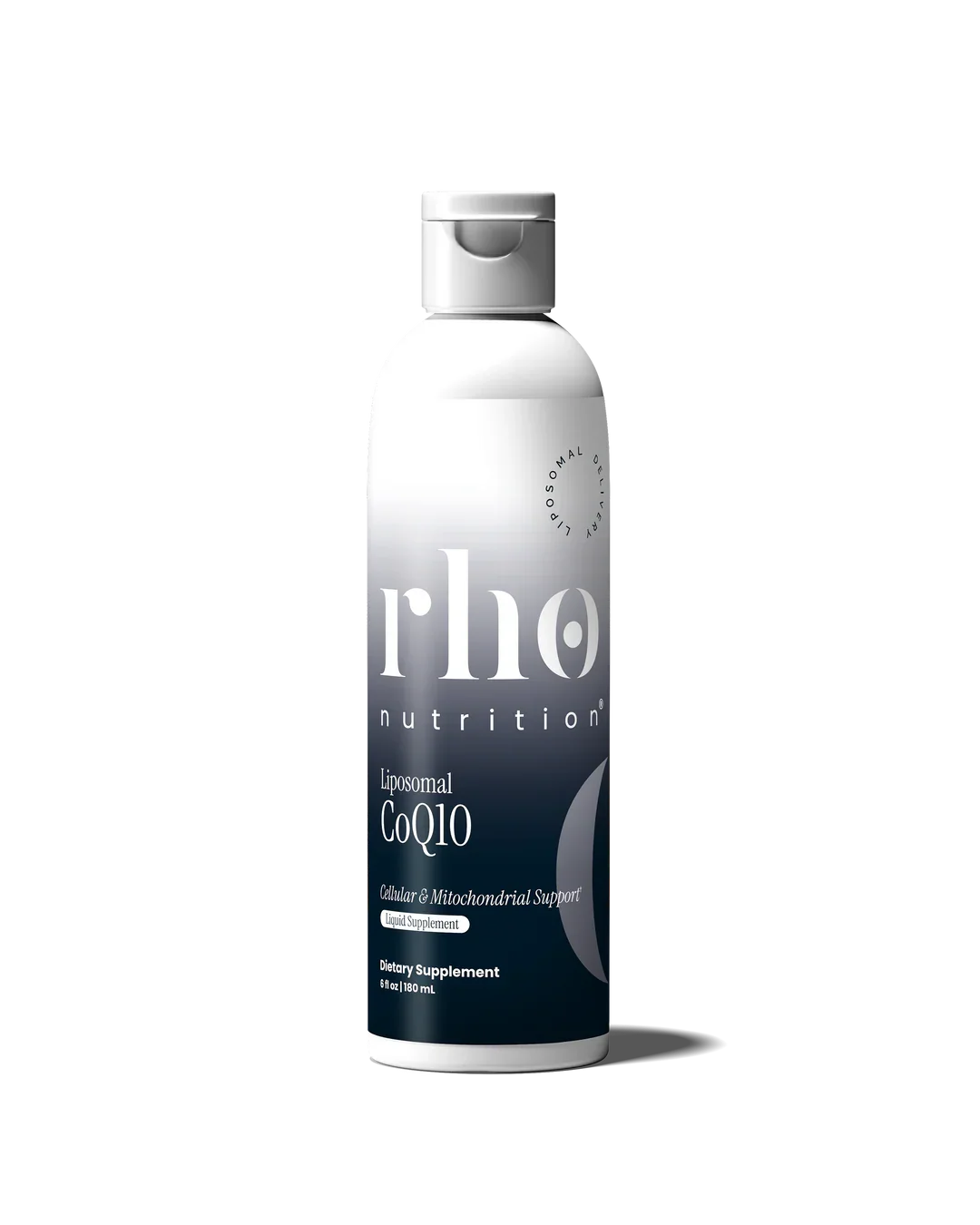 A white and dark blue bottle of rlo nutrition Liposomal CoQ10 dietary supplement with a silver cap, labeled for cellular and mitochondrial support, containing 6 fluid ounces or 180 milliliters.