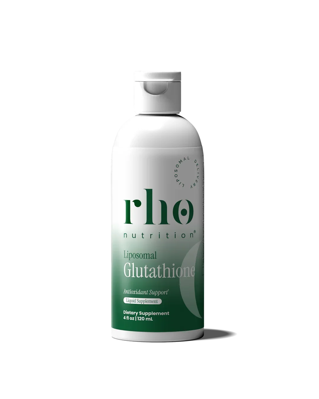 A white bottle of rhô nutrition liposomal glutathione dietary supplement with green label.