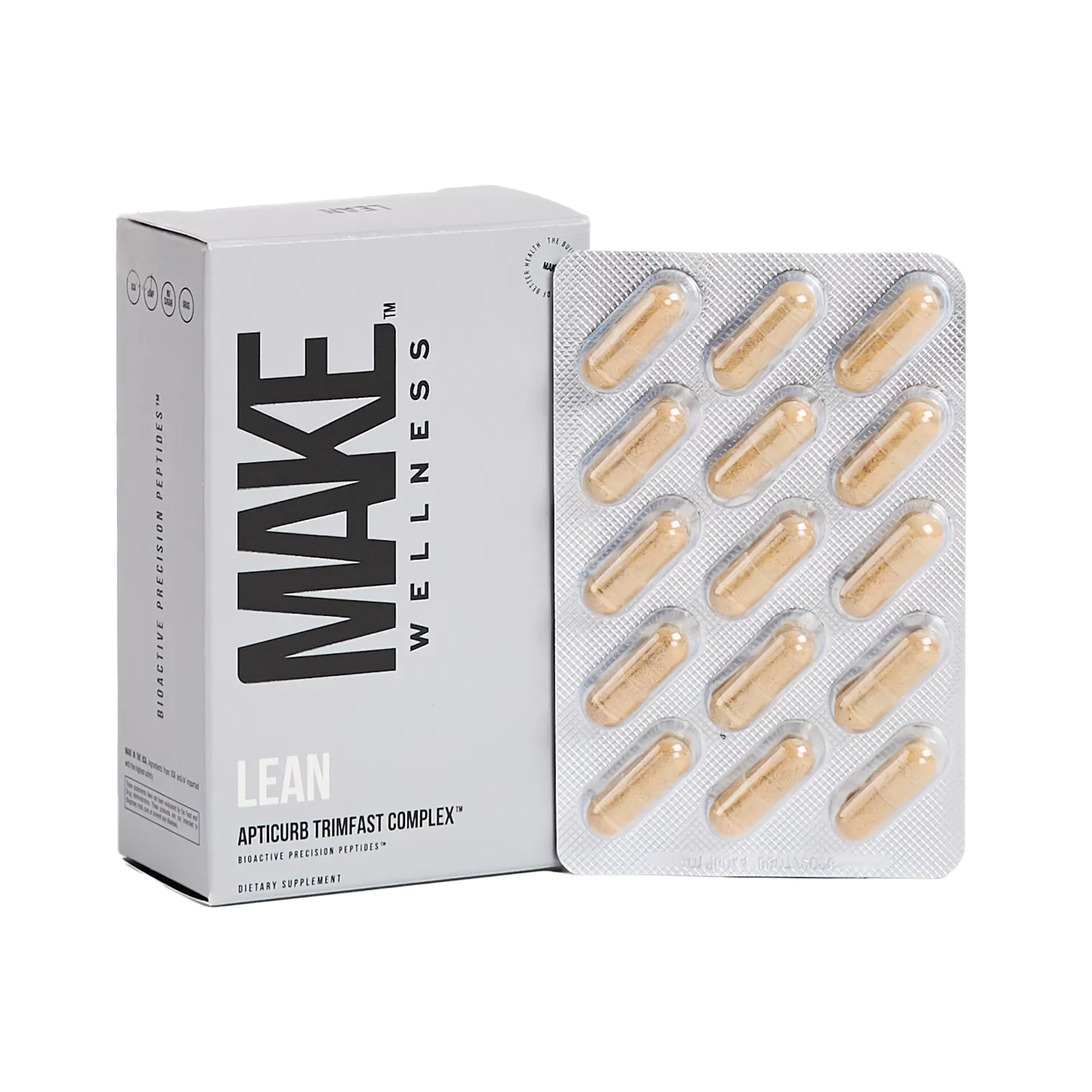 Box of dietary supplements labeled 'Wave Wellness Lean' with a blister pack of capsules beside it.