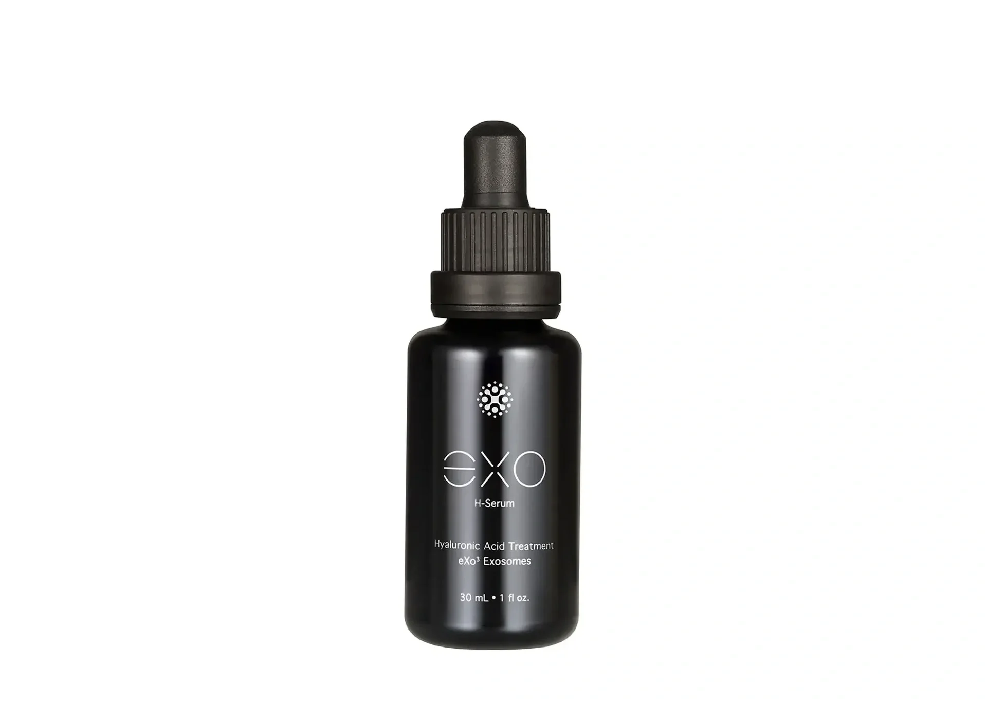 Black bottle of EXO Hyaluronic Acid Treatment eXosomes with dropper cap on a white background.