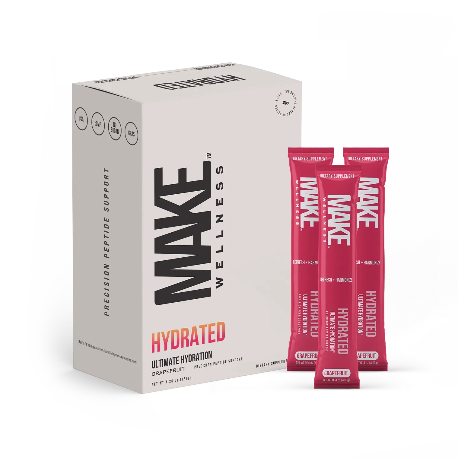 A white box labeled 'WAVE WELLNESS' with the words 'PRECISION PEPTIDE SUPPORT' and 'HYDRATED' on it, accompanied by three pink packets labeled 'HYDRATED' and 'GRAPEFRUIT.'