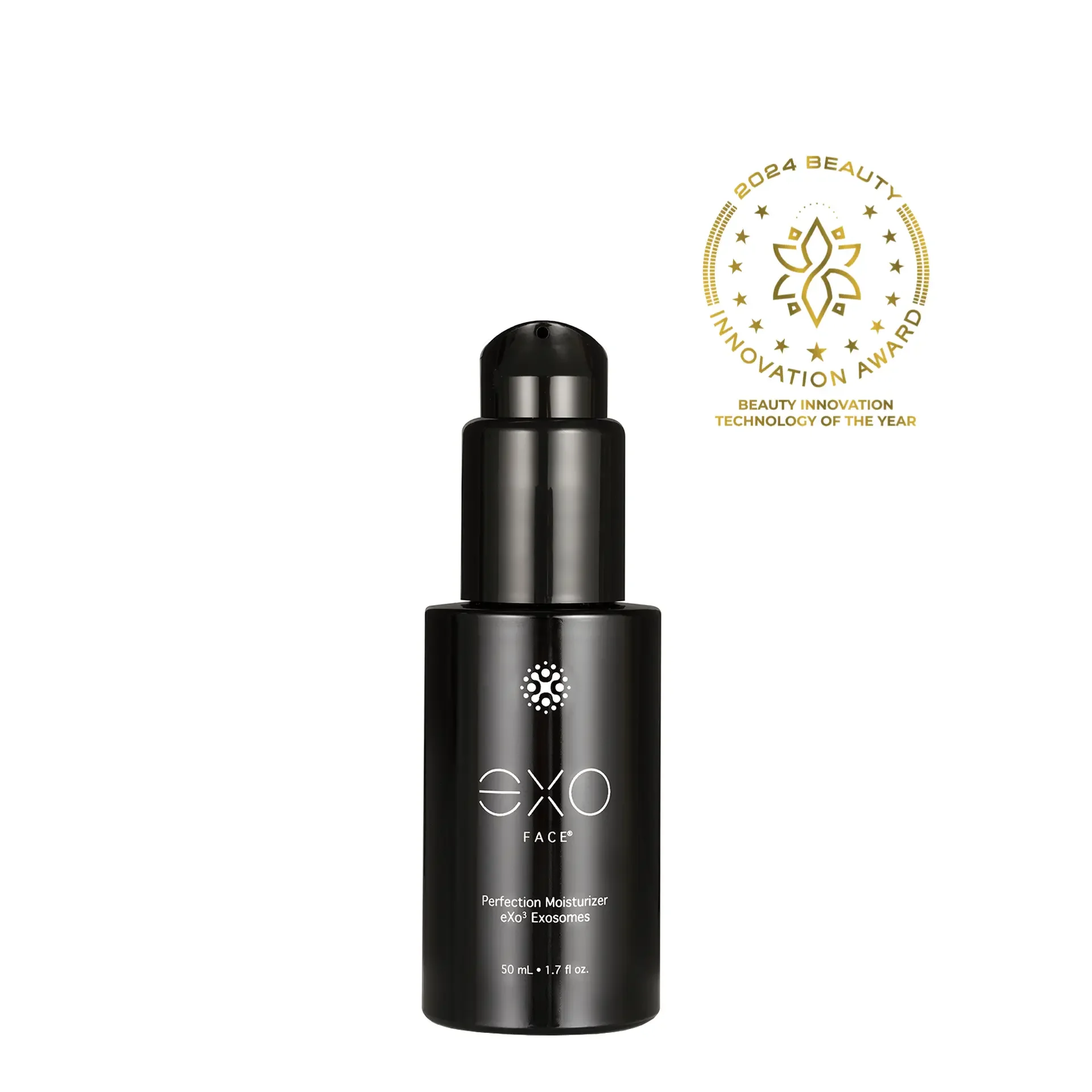 A black bottle of EXO Face Perfection Moisturizer with a spray pump. The image features a gold award badge indicating the 2024 Beauty Innovation Award for Technology of the Year.