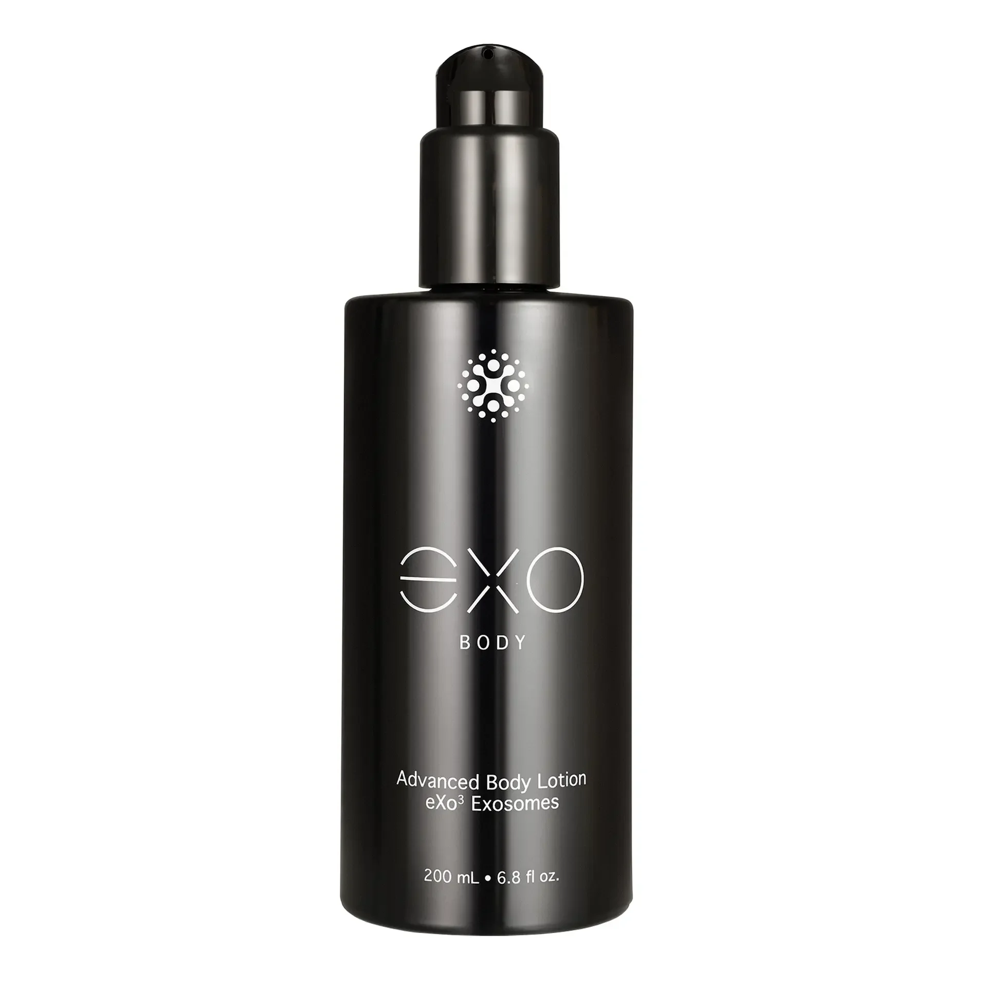 Black bottle of advanced body lotion labeled 'eXo Body' with a pump dispenser.