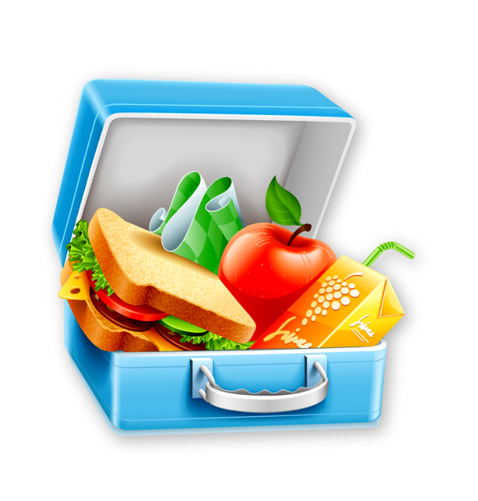 Open blue lunchbox filled with a sandwich, an apple, a juice box, a sandwich, and a drink with a straw.