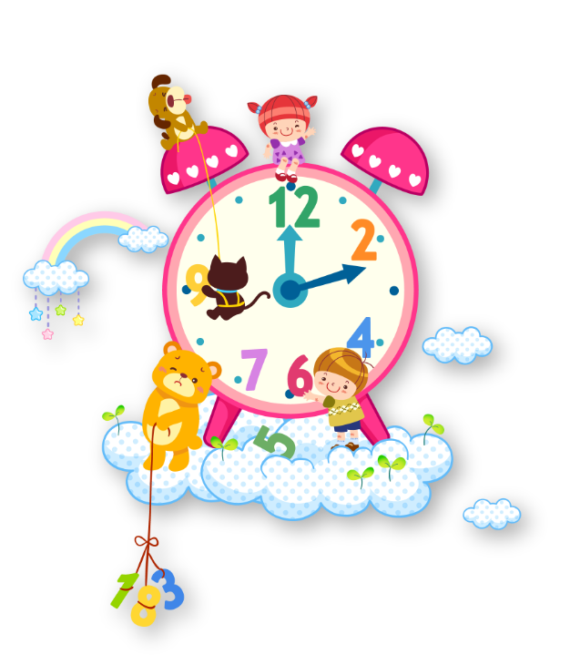 Colorful cartoon clock with children and animals on and around it, set against a black background.
