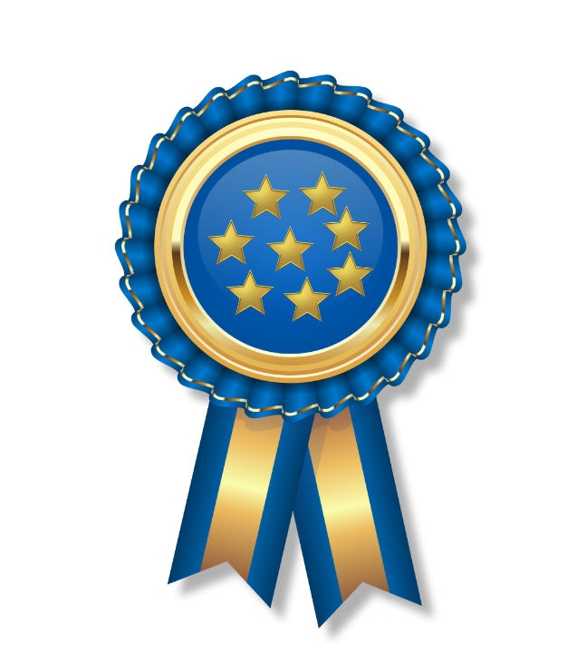 A blue and gold award ribbon with a circular center featuring seven gold stars arranged in a pattern.