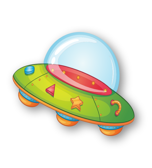 Colorful cartoon spaceship with a glass dome and various shape decorations on a black background.
