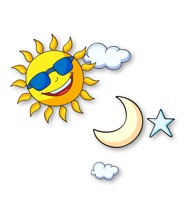 Cartoon sun wearing sunglasses and smiling, with a couple of clouds, a crescent moon, and a star in the night sky.