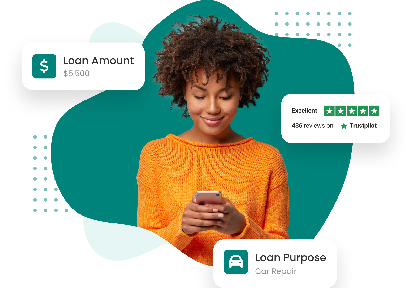 Woman using a smartphone, surrounded by graphics showing a $5,500 loan amount, car-repair loan purpose, and excellent Trustpilot reviews.