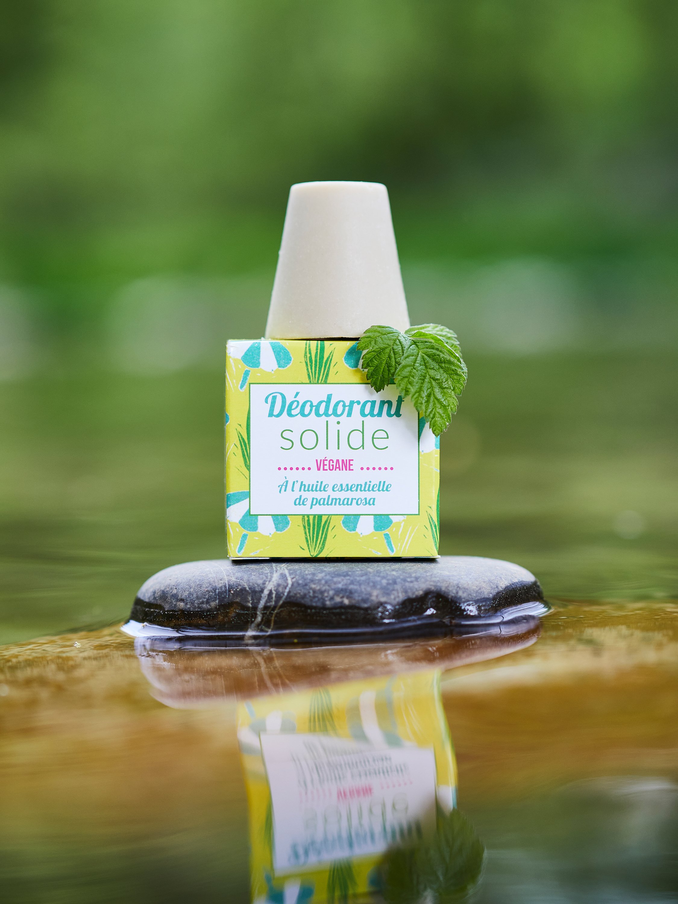 Ein festes Deodorant in einer bunten Verpackung mit grünen Blättern und einem Minzblatt, das auf einem glatten Stein im Wasser liegt, mit grünem, unscharfem Hintergrund.