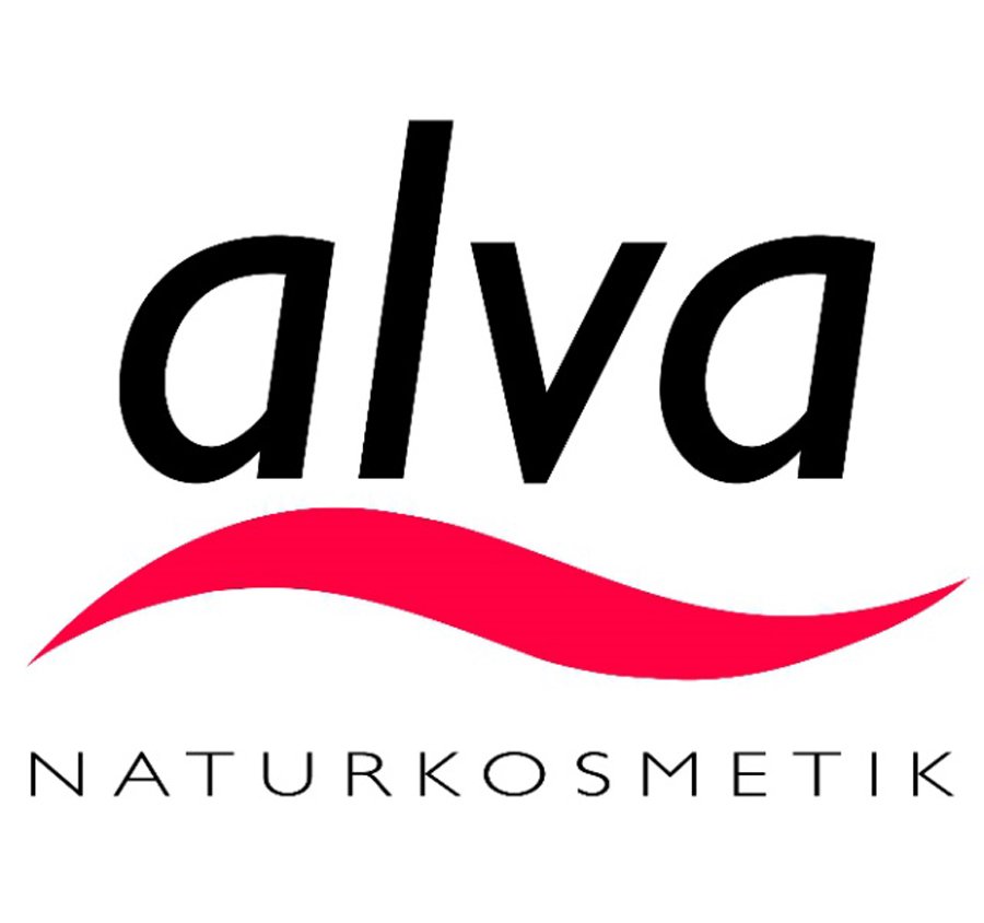 Logo mit dem Text 'alva NATURKOSMETIK' in schwarzer Schrift, darunter eine geschwungene rosa Linie.