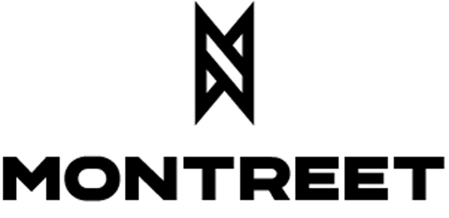 Logo mit stilisiertem schwarzen Symbol über dem Text "MONTREET" in Großbuchstaben