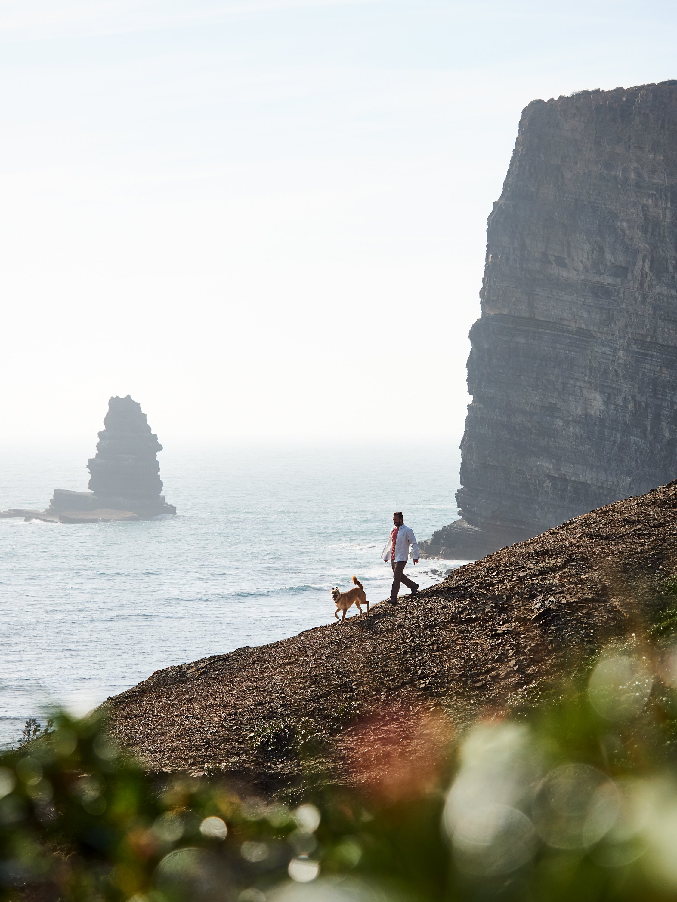 Ein Mann spazier im Sonnenlicht an einer Klippe entlang, begleitet von einem Hund, mit Blick auf das Meer und Felsen im Hintergrund.