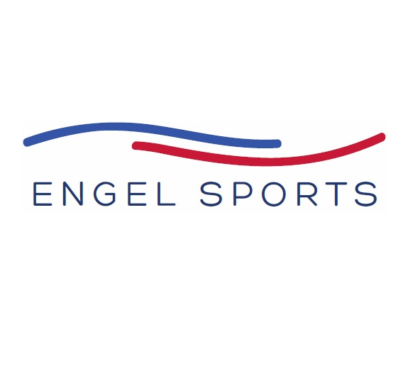 Logo mit zwei geschwungenen Linien, eine blau und eine rot, und dem Text "ENGEL SPORTS" darunter.