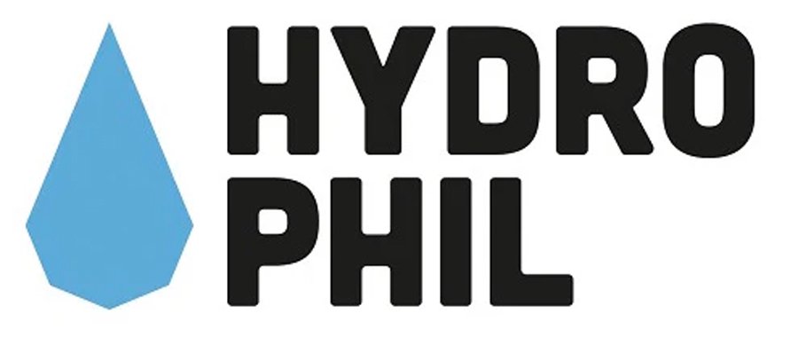 Logo mit blauer Wassertropfen und schwarzen Text 'HYDRO PHIL'