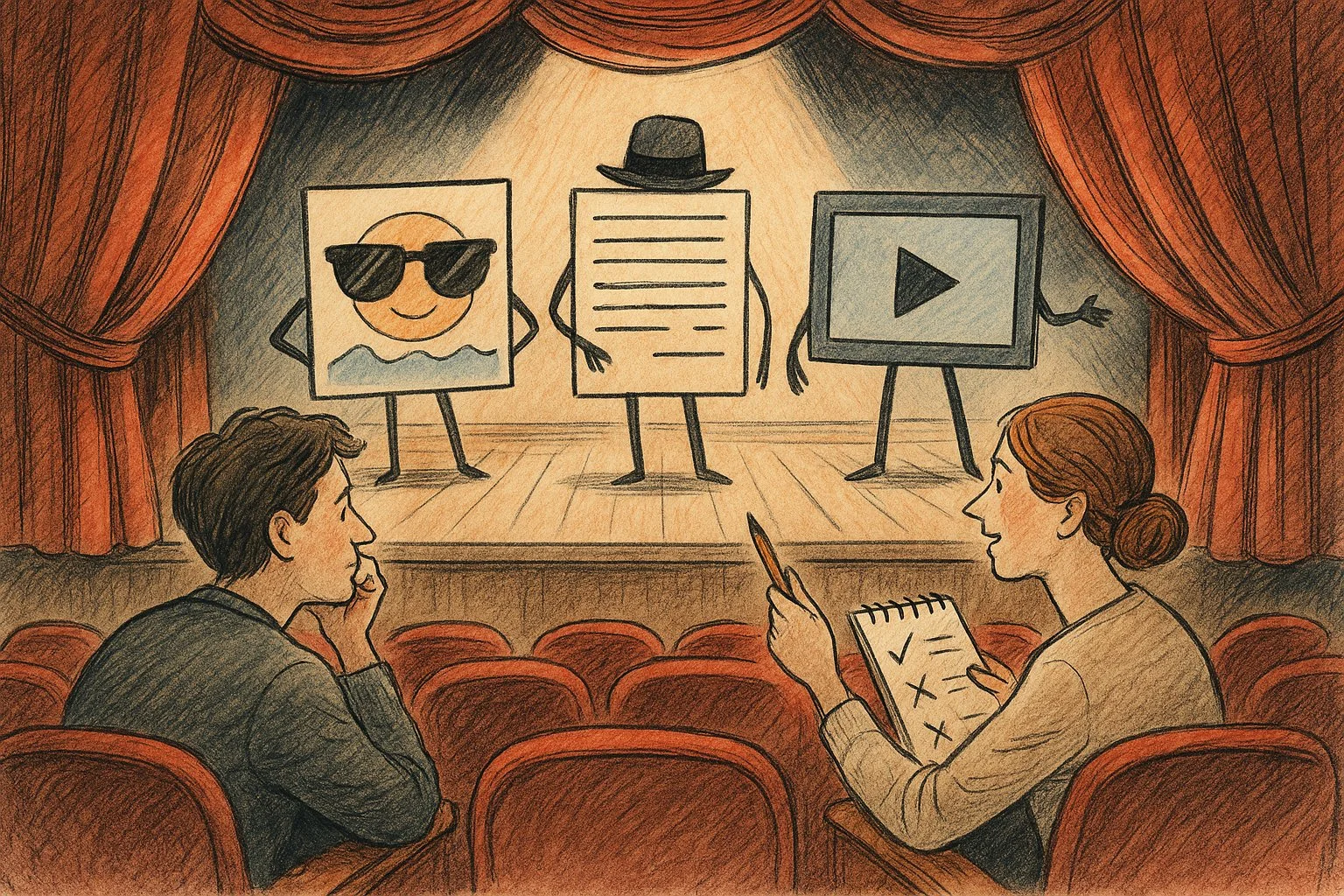Eine gezeichnete Szene auf einer Bühne mit drei anthropomorphen Darstellungen: eine mit Sonnenbrille im Wasser, eine mit einem Hut und Papier-Text, die andere mit einem Play-Button. Zwei Menschen sitzen im Publikum, diskutieren und notieren.
