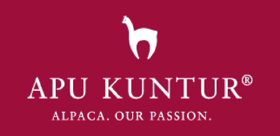 Logo mit weißen Alpaka-Silhouette und Text 'APU KUNTUR ALPACA. OUR PASSION' auf rotem Hintergrund.