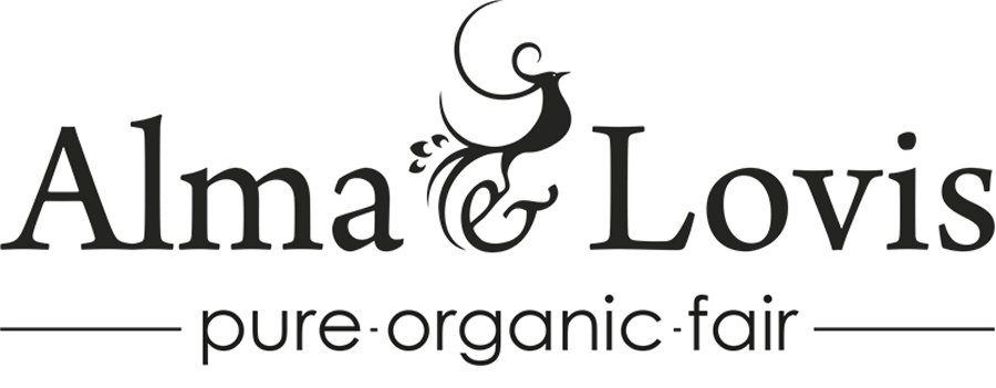 Logo mit dem Text "Alma & Lovis" und dem Slogan "pure-organic-fair", ein stilisierter Vogel in der Mitte.